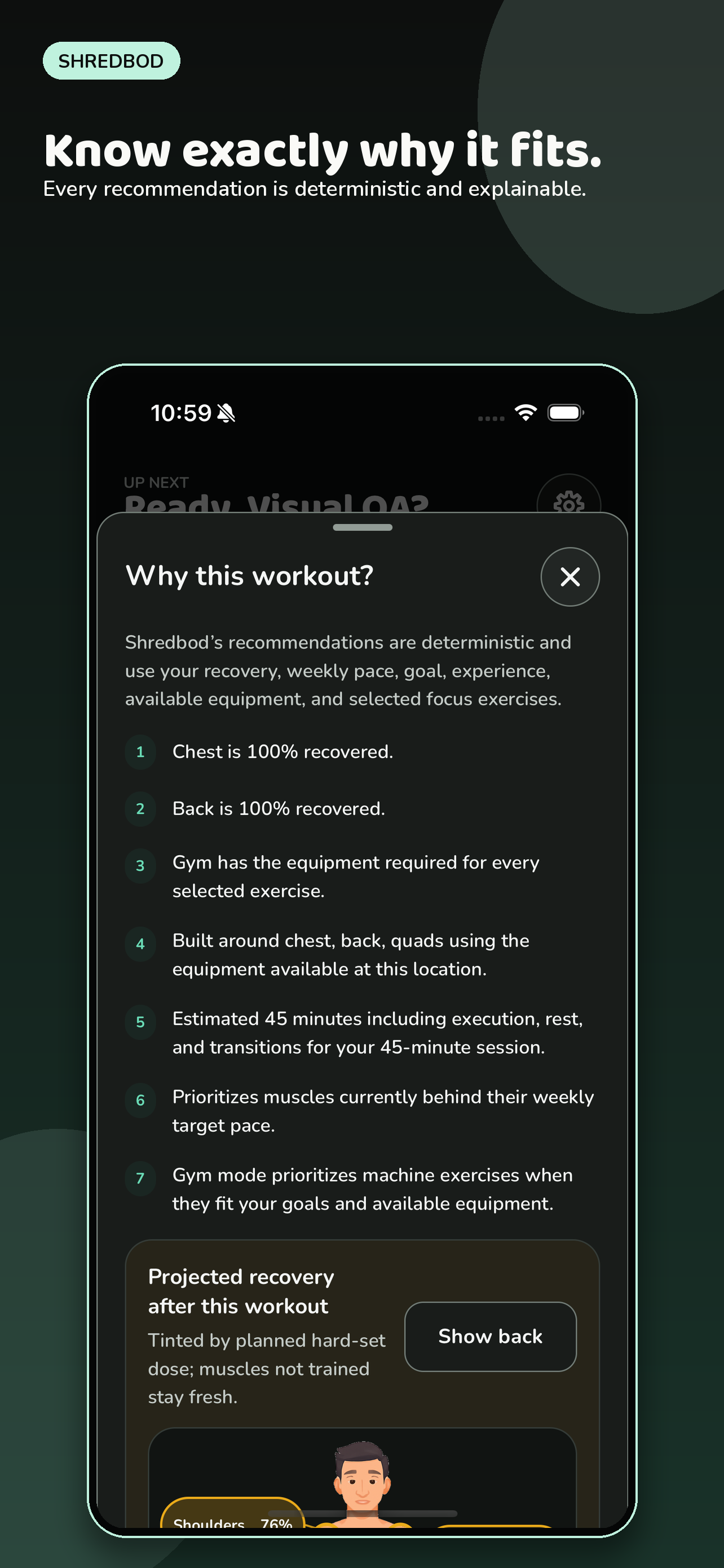 Shredbod explanation screen showing why a workout was selected