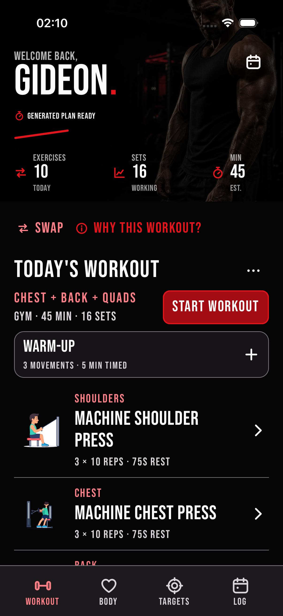 Shredbod workout tab showing an adaptive workout plan